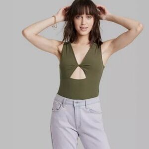 Wild Fable Olive Green Twist Front Keyhole Cut Out Sleeveless Tank Bodysuit
